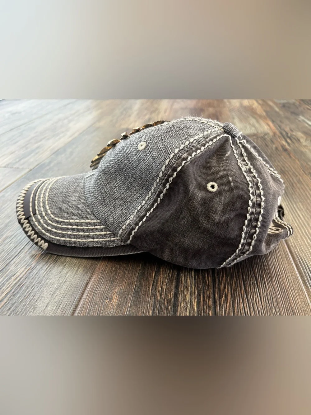 Olive & Pique Rhinestone Flower Baseball Cap Hat Washed Gray Embroidered *Read - Picture 5 of 11